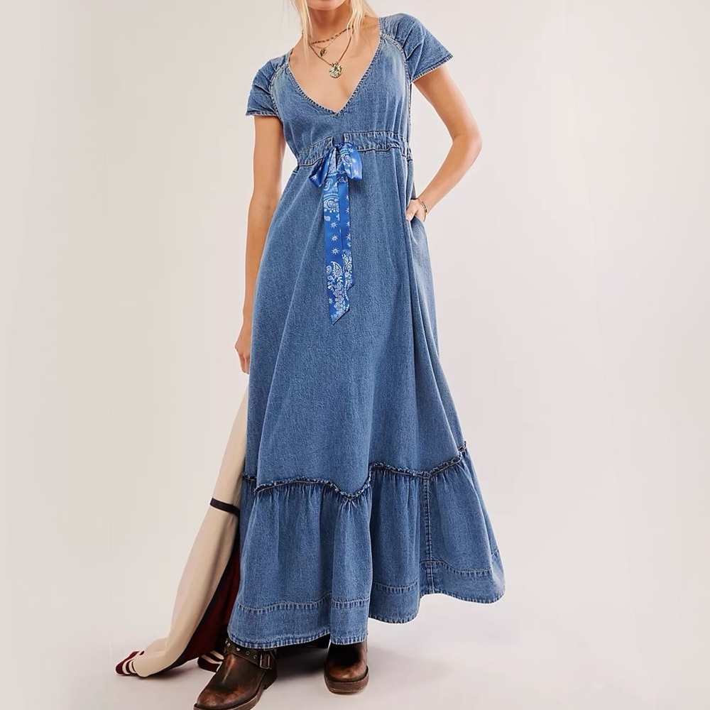 Free People Blue Denim Maxi Dress with Bandana Tie